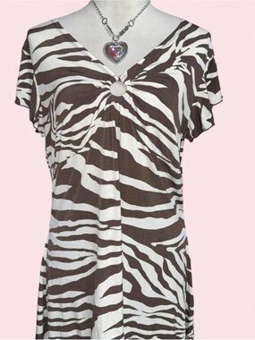 Zebra-Print Ring Front Tunic Top in Brown and White Y2K